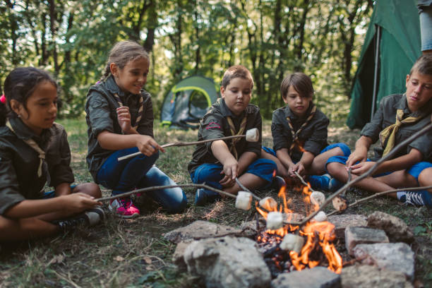 Group of scouts roast marshmallow candies on campfire in forest.